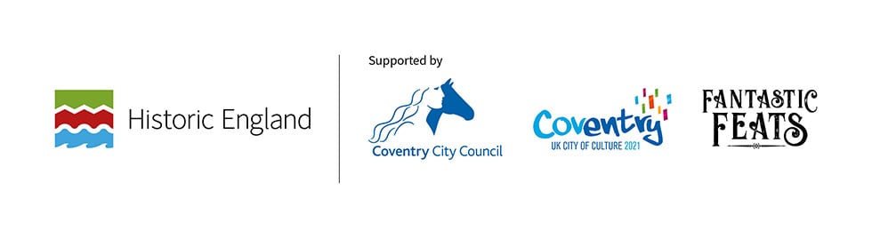 Historic England, Coventry City Council, Coventry city of culture and Fantastic Feats logos