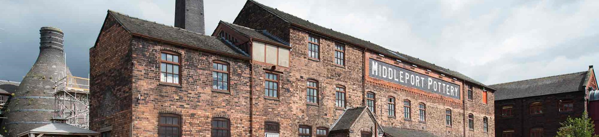 General view of Middleport Pottery from west across the Trent and Mersey Canal