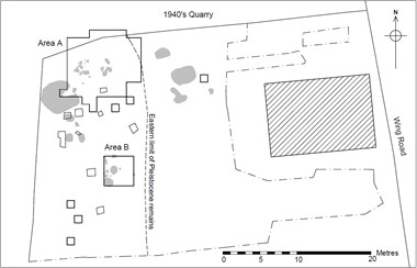 Plan of main areas of excavation and evaluation test pits at Glaston (grey tone showing limestone rafts)